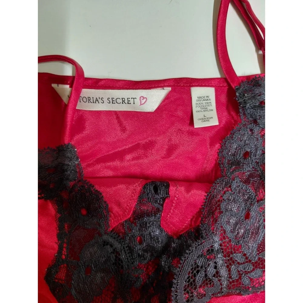 Vintage Victoria Secret Pajama Set L Red Satin Black Lace Cami Shorts Y2K 90s